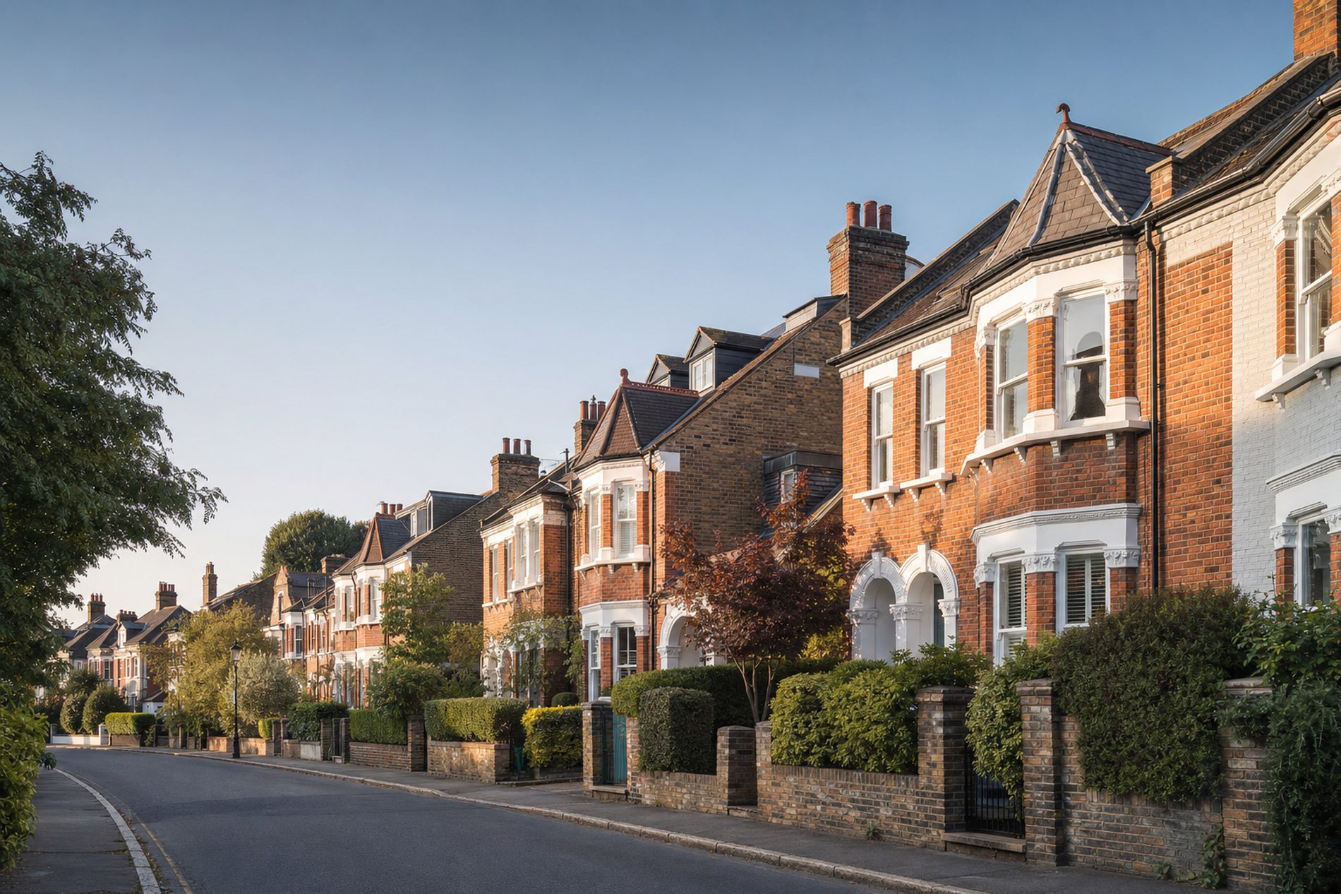 A quiet residential street of brick terraced homes in a London suburb