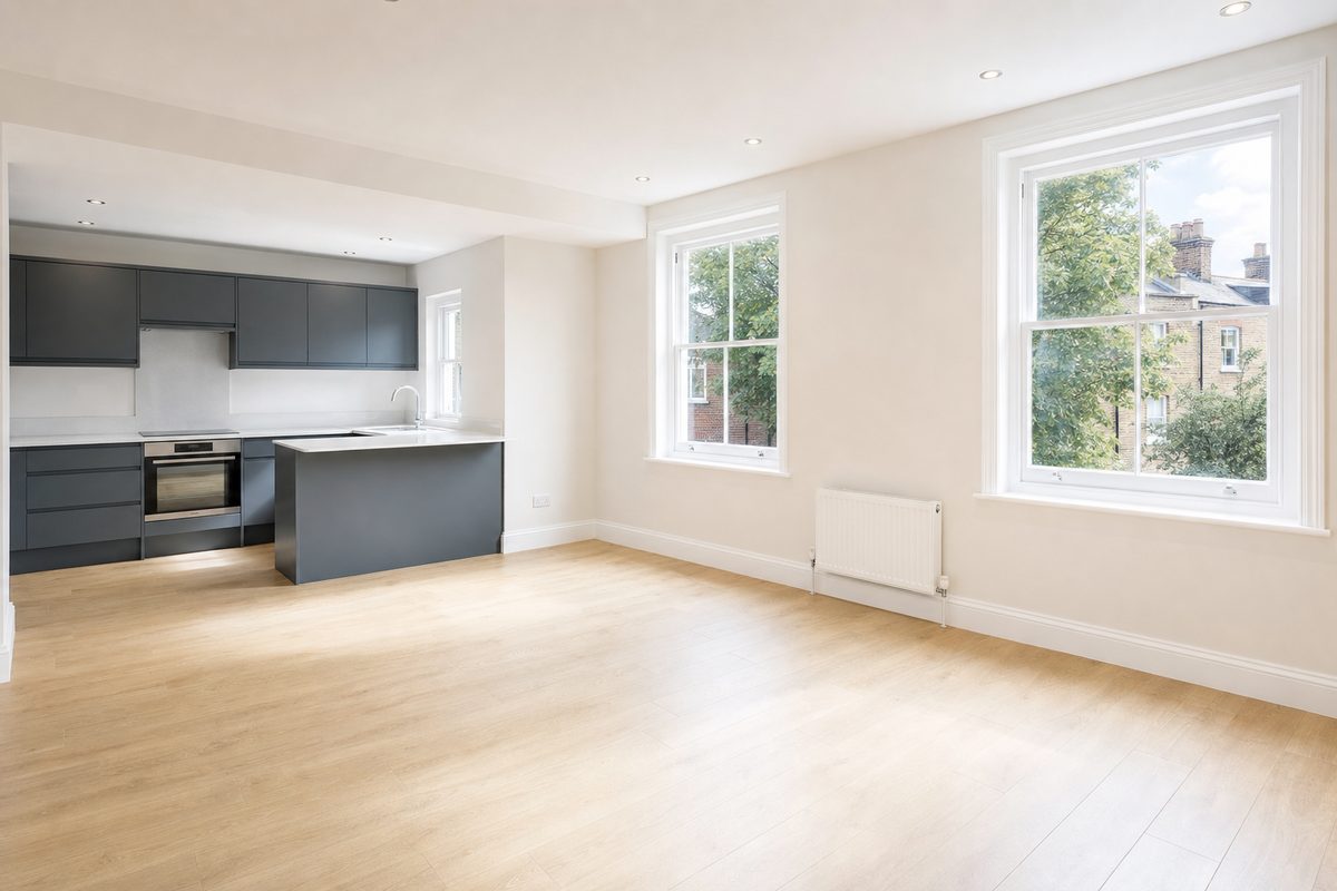 A freshly refurbished flat interior with new flooring and a modern kitchen, ready to let